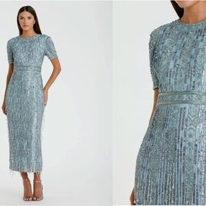 MAC DUGGAL 5980 HIGH NECK SHORT SLEEVE CRYSTAL FRINGE FRENCH BLUE MIDI DRESS 6